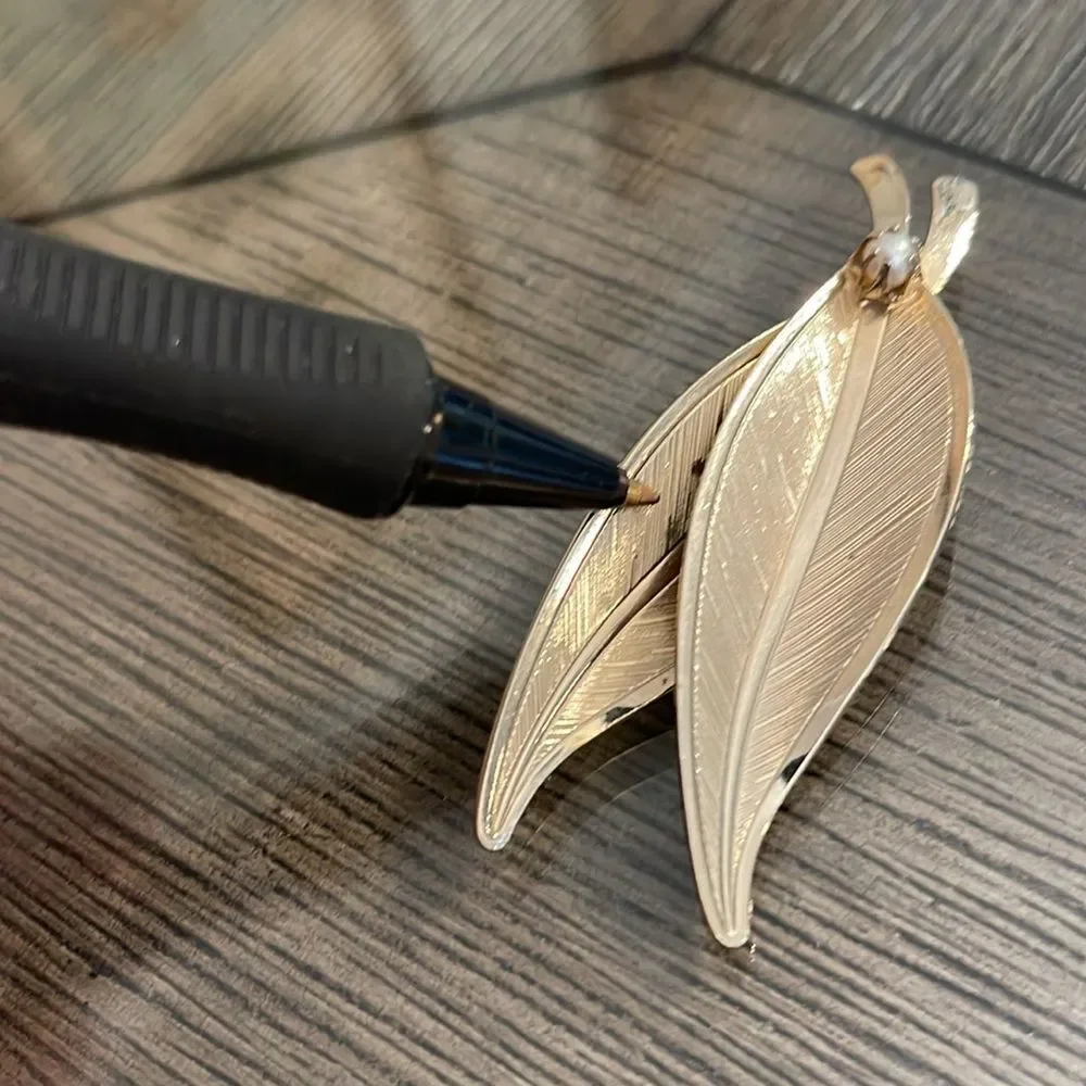 Vintage Double Leaf Gold-tone Pin with Faux Pearl Accent